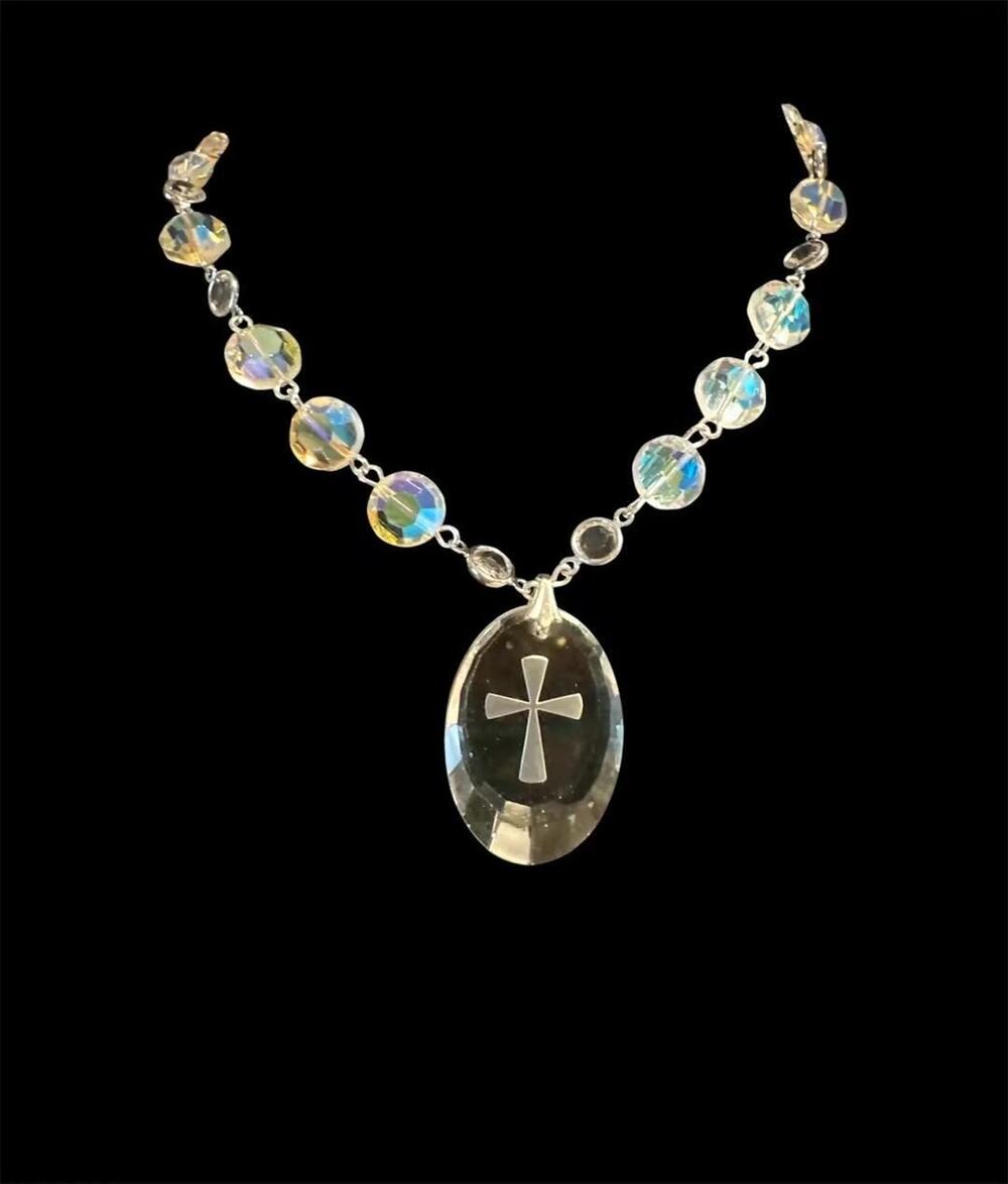 Vintage Crystal Cross Necklace, Repurposed AB Glass, One of a Kind Jewelry